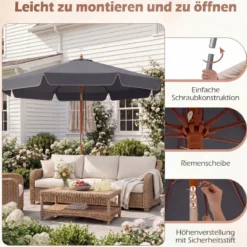300 cm gezackter Sonnenschirm Marktschirm mit Neigemechanismus Gartenschirm mit Holzstab Graun/Braun/Beige