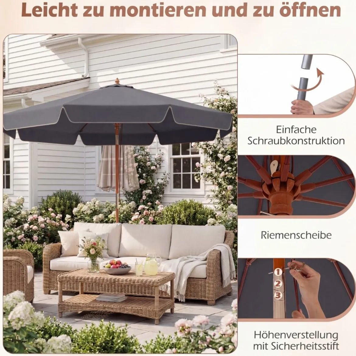 300 cm gezackter Sonnenschirm Marktschirm mit Neigemechanismus Gartenschirm mit Holzstab Graun/Braun/Beige