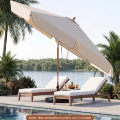 300 cm gezackter Sonnenschirm Marktschirm mit Neigemechanismus Gartenschirm mit Holzstab Graun/Braun/Beige