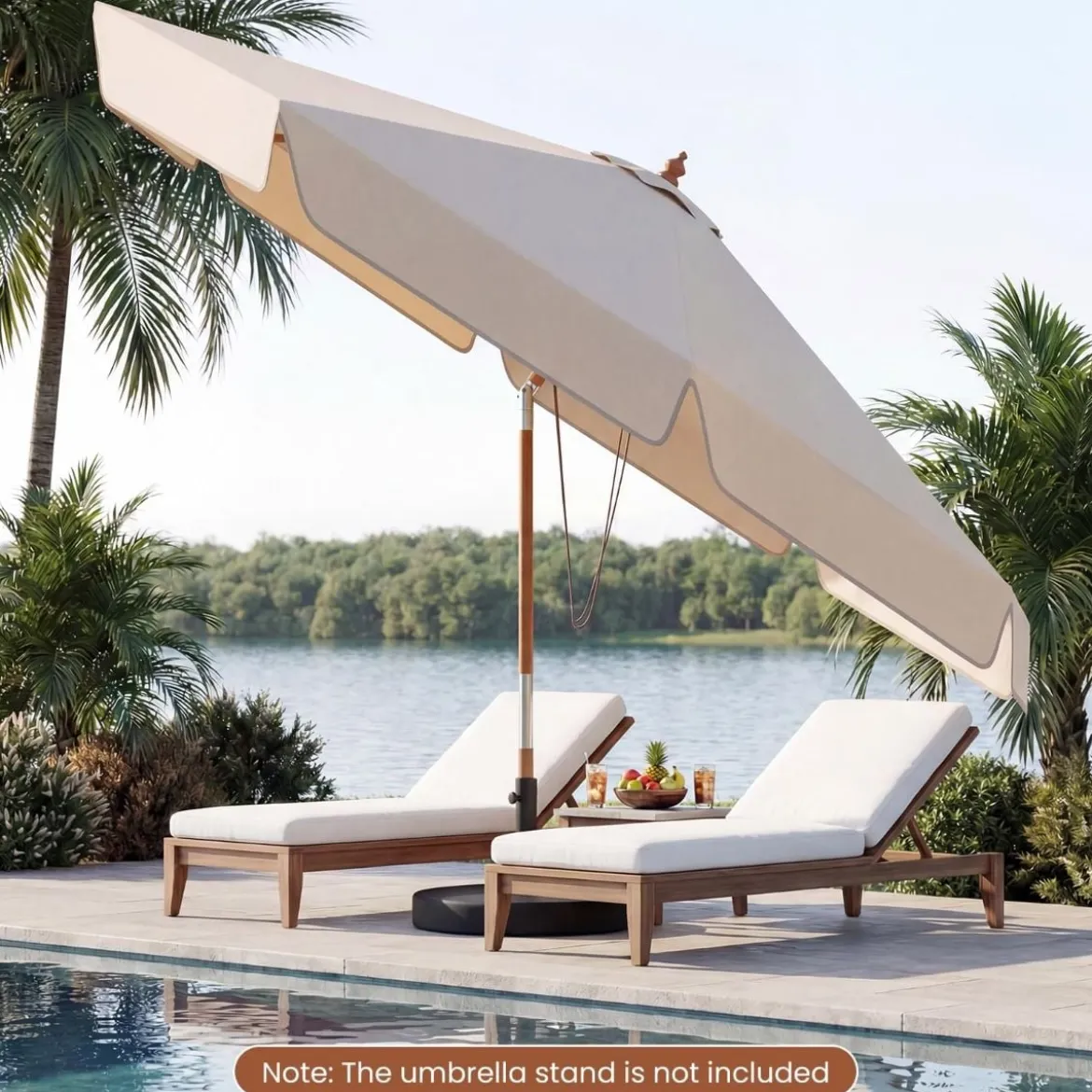 300 cm gezackter Sonnenschirm Marktschirm mit Neigemechanismus Gartenschirm mit Holzstab Graun/Braun/Beige