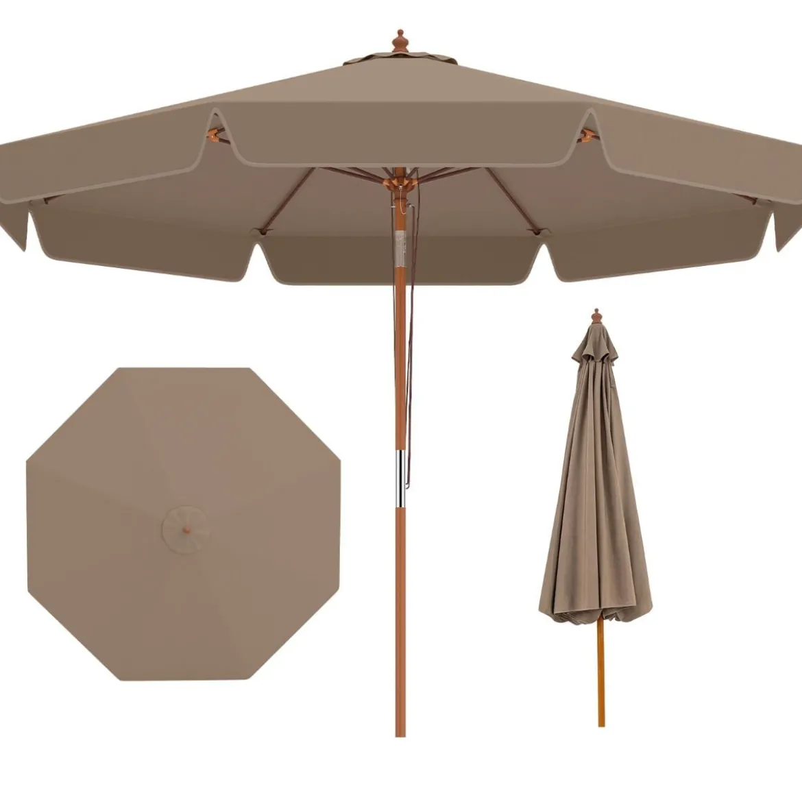 300 cm gezackter Sonnenschirm Marktschirm mit Neigemechanismus Gartenschirm mit Holzstab Graun/Braun/Beige