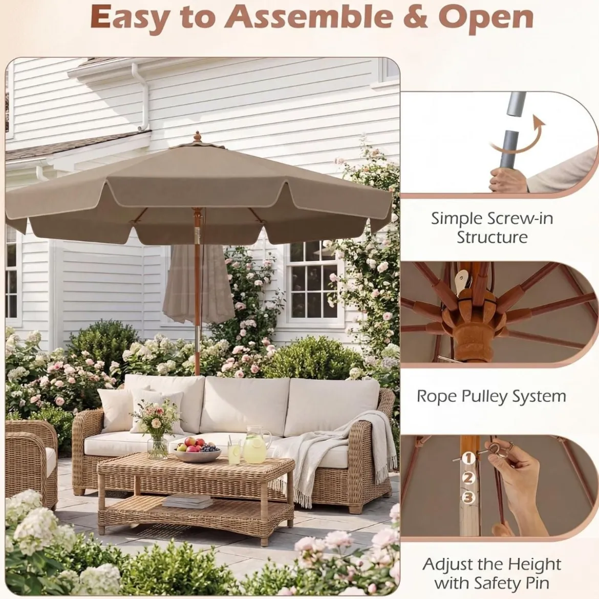 300 cm gezackter Sonnenschirm Marktschirm mit Neigemechanismus Gartenschirm mit Holzstab Graun/Braun/Beige