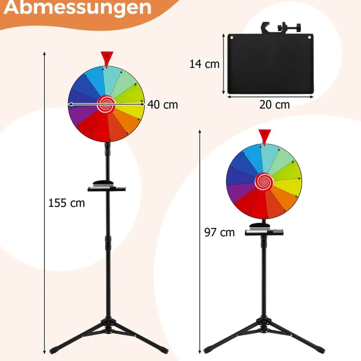 Ø 40 cm Glücksrad mit Dreibein-Bodenständer Höhenverstellbares Preisrad mit Ablage