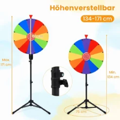 Φ 75 cm Glücksrad zum Drehen mit 12 abwischbaren Feldern Höhenverstellbar 134–171 cm Bunt