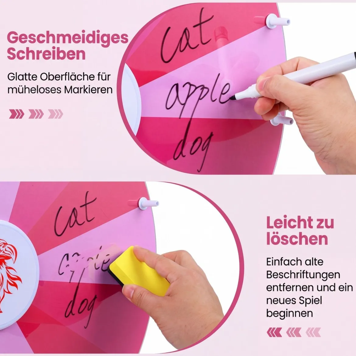 Φ 50 cm Glücksrad zum Drehen mit Abwischbarer Acryloberfläche für Tisch & Boden Rosa