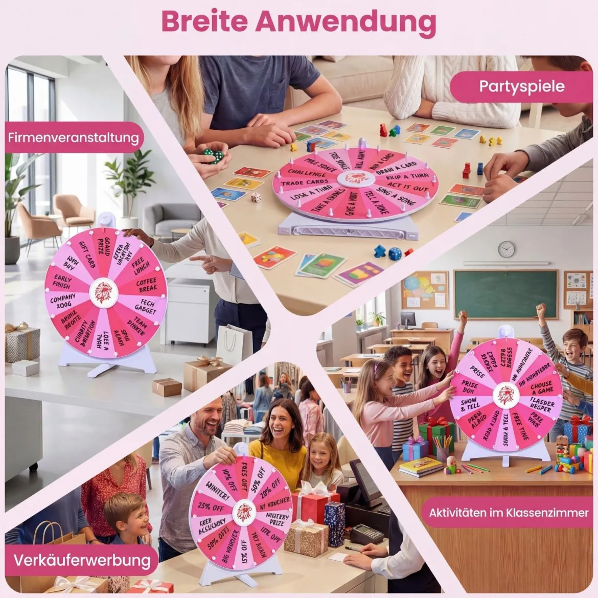 Φ 50 cm Glücksrad zum Drehen mit Abwischbarer Acryloberfläche für Tisch & Boden Rosa