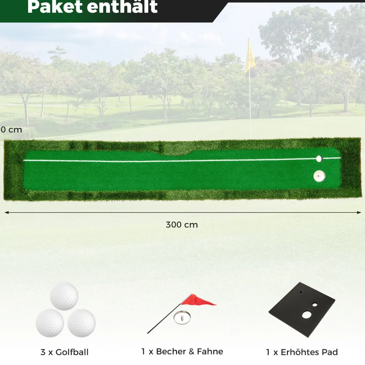300 cm Golf Puttingmatte Golf-Trainingsmatte mit 3 Golfbällen und 2 Lochgrößen Golf Übungsmatte faltbar