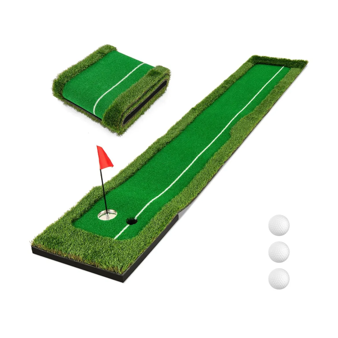 300 cm Golf Puttingmatte Golf-Trainingsmatte mit 3 Golfbällen und 2 Lochgrößen Golf Übungsmatte faltbar