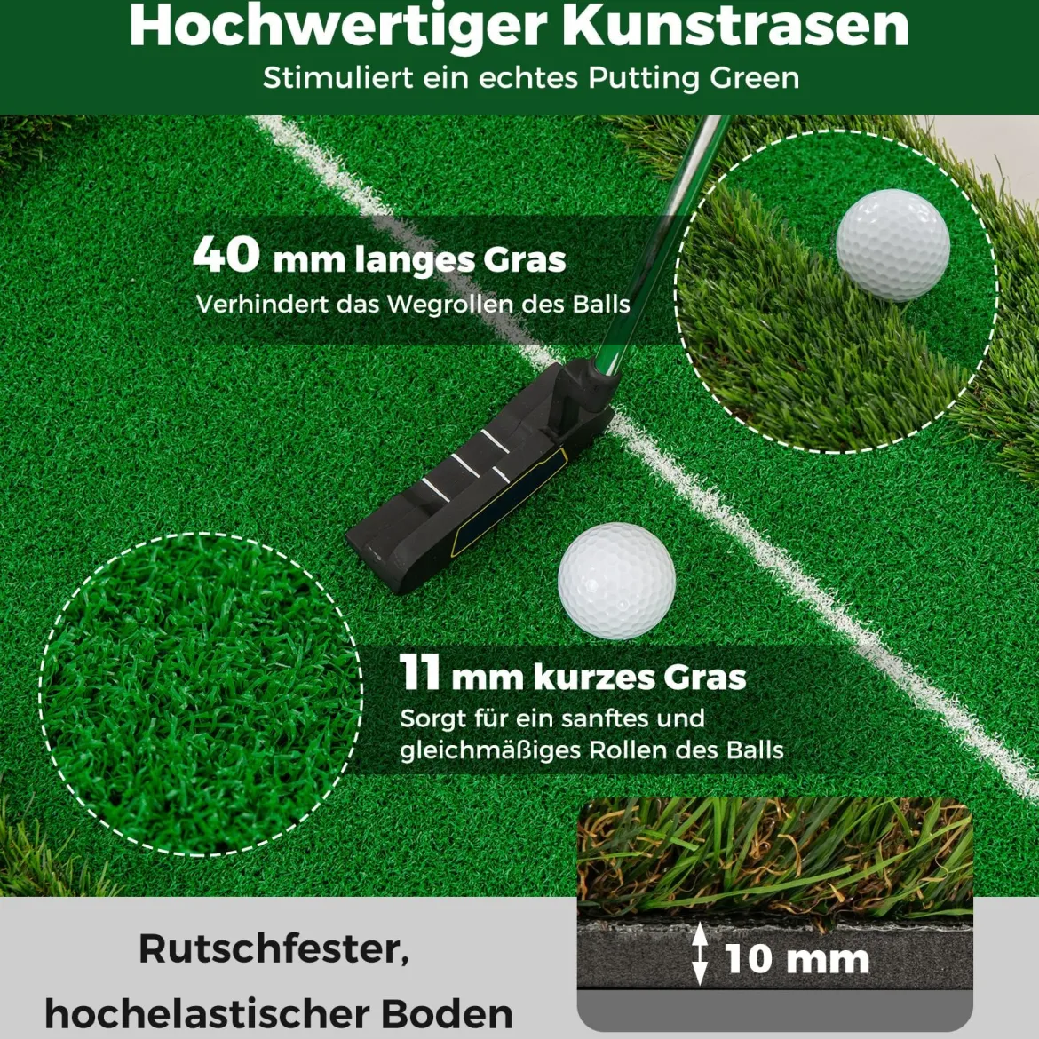 300 cm Golf Puttingmatte Golf-Trainingsmatte mit 3 Golfbällen und 2 Lochgrößen Golf Übungsmatte faltbar
