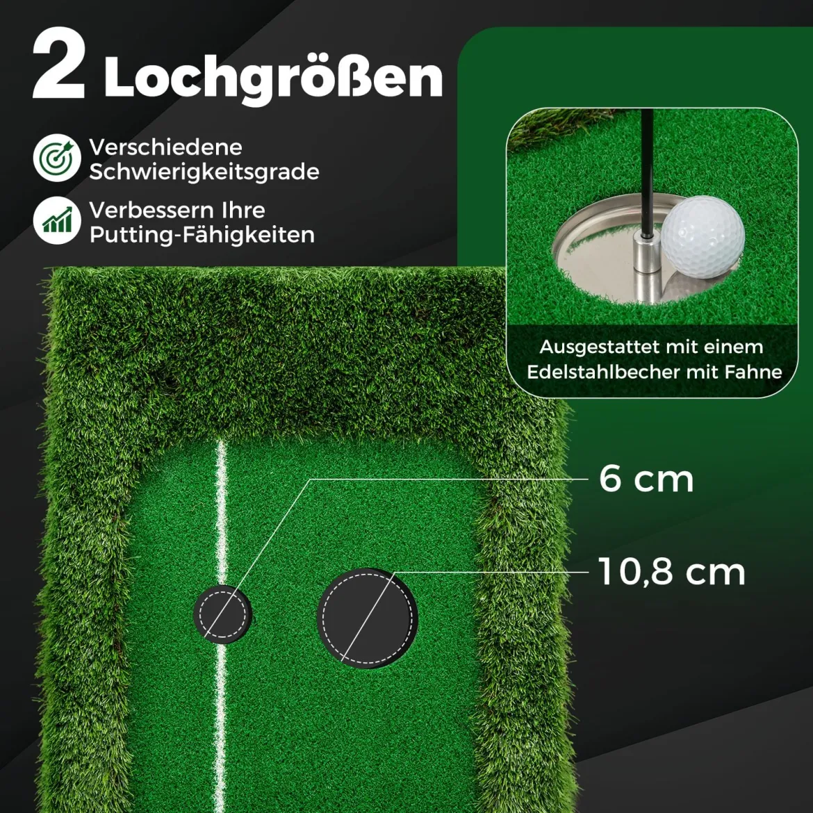 300 cm Golf Puttingmatte Golf-Trainingsmatte mit 3 Golfbällen und 2 Lochgrößen Golf Übungsmatte faltbar