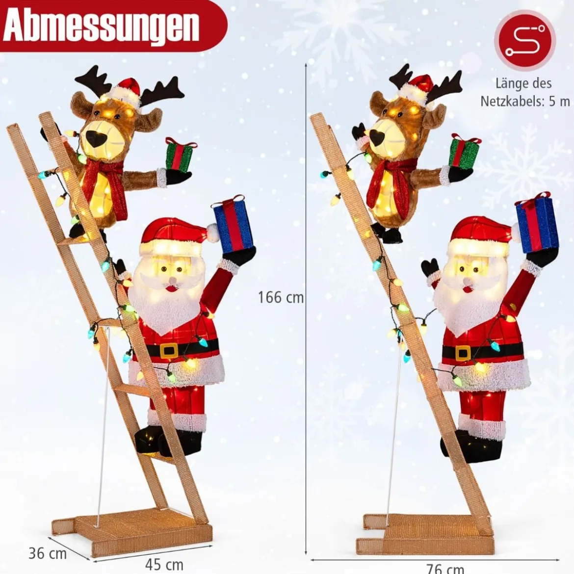 166 cm groß Beleuchtetes Rentier & Weihnachtsmann auf Leiter mit 100 LED-Lichtern XXL