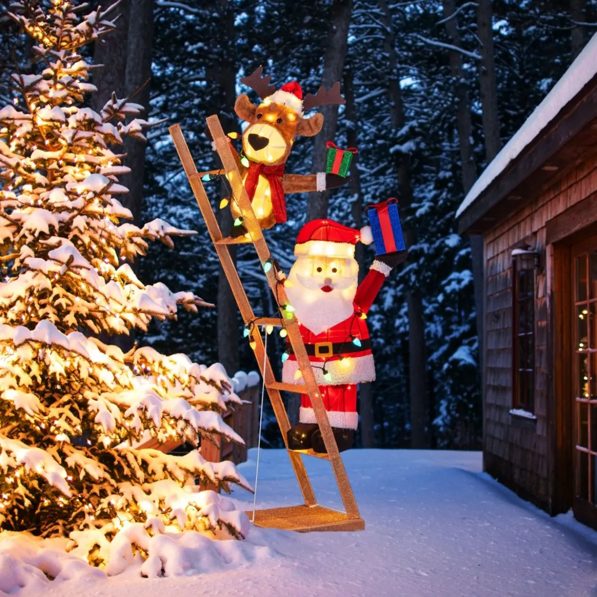 166 cm groß Beleuchtetes Rentier & Weihnachtsmann auf Leiter mit 100 LED-Lichtern XXL