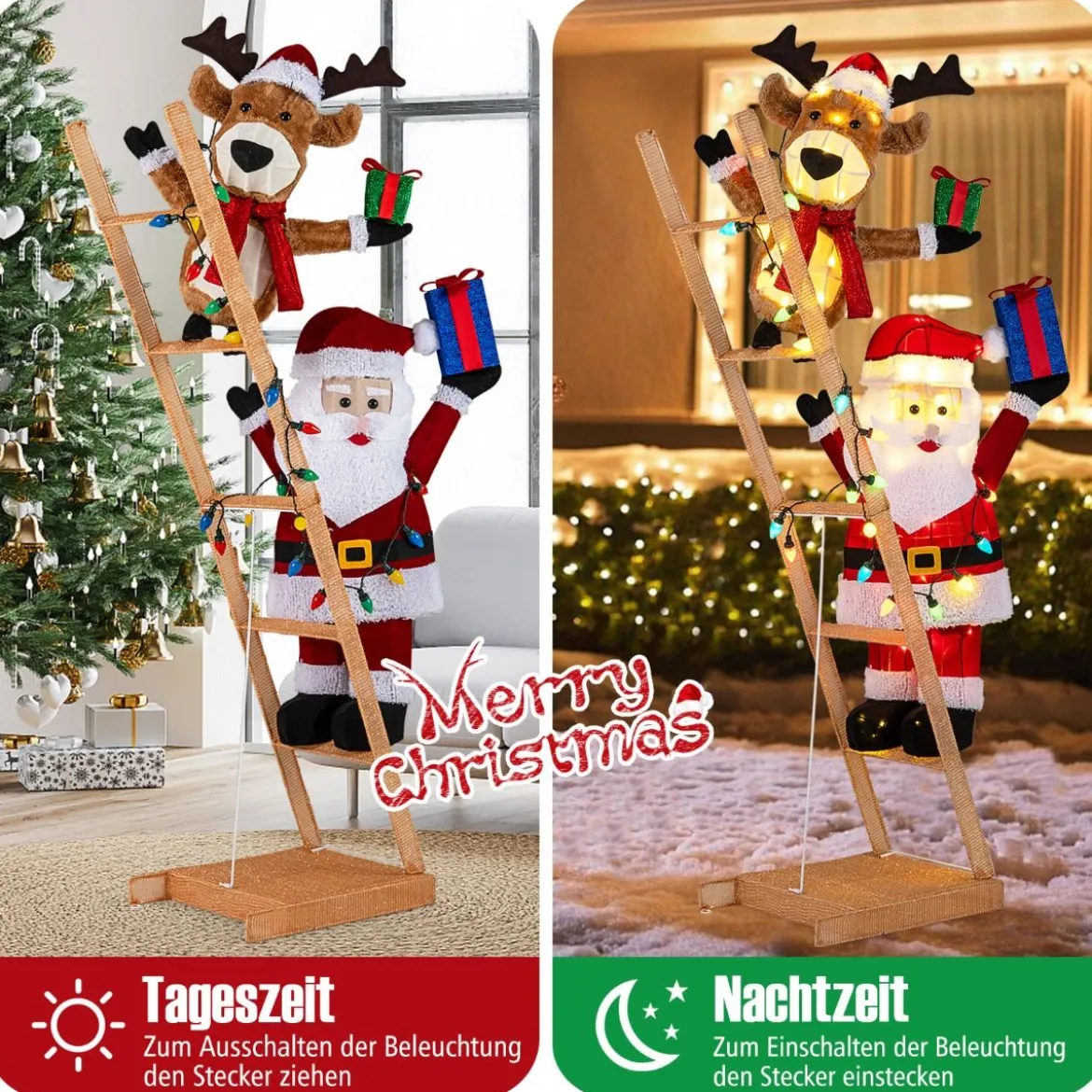 166 cm groß Beleuchtetes Rentier & Weihnachtsmann auf Leiter mit 100 LED-Lichtern XXL
