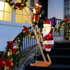 166 cm groß Beleuchtetes Rentier & Weihnachtsmann auf Leiter mit 100 LED-Lichtern XXL