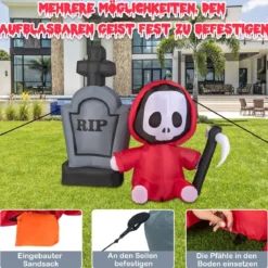 150 cm großer Aufblasbarer Halloweengeist mit Sichel und Grabstein mit LED-Lichtern