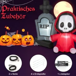 150 cm großer Aufblasbarer Halloweengeist mit Sichel und Grabstein mit LED-Lichtern