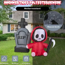 150 cm großer Aufblasbarer Halloweengeist mit Sichel und Grabstein mit LED-Lichtern