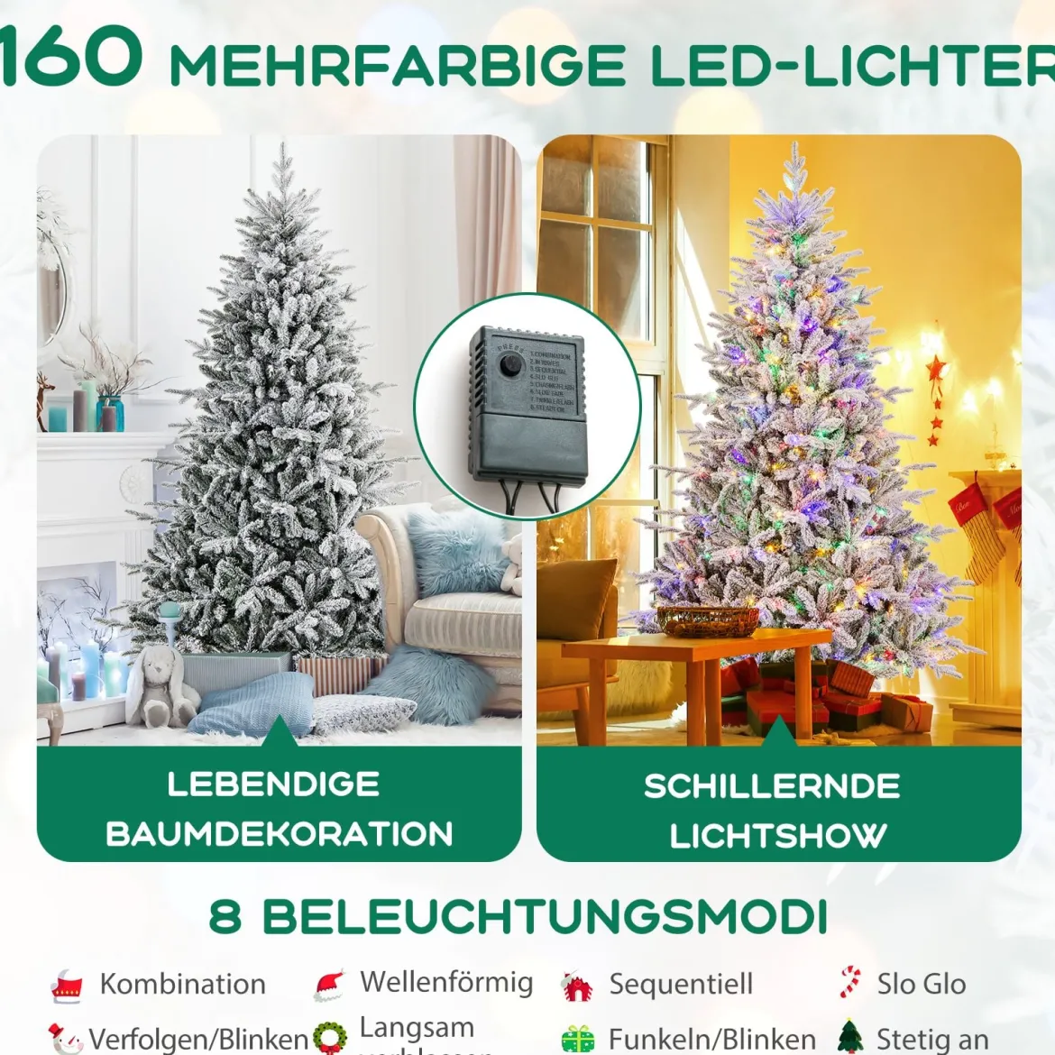 218 cm großer beflockter Weihnachtsbaum künstlicher Christbaum mit 8 Lichtmodi 350 mehrfarbigen LED-Lichtern