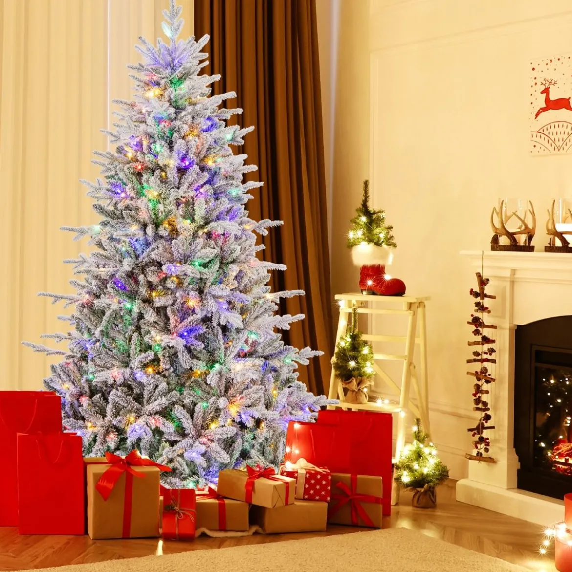 218 cm großer beflockter Weihnachtsbaum künstlicher Christbaum mit 8 Lichtmodi 350 mehrfarbigen LED-Lichtern