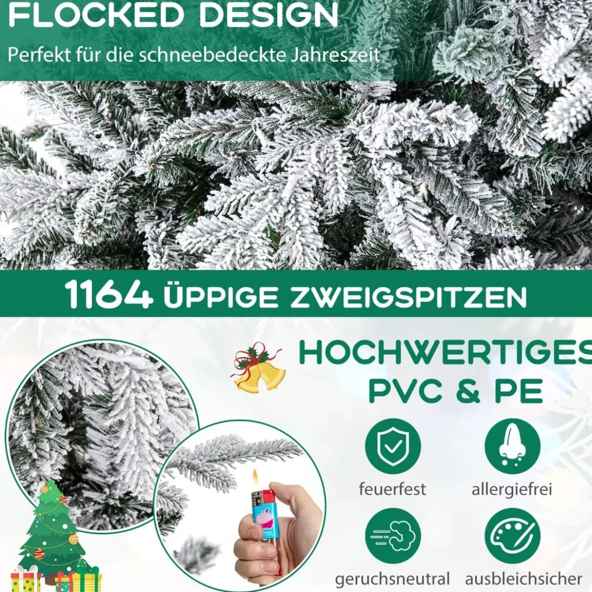 218 cm großer beflockter Weihnachtsbaum künstlicher Christbaum mit 8 Lichtmodi 350 mehrfarbigen LED-Lichtern