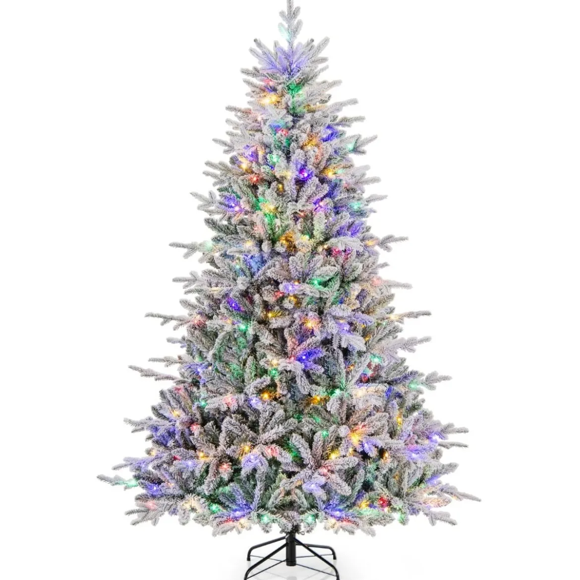 218 cm großer beflockter Weihnachtsbaum künstlicher Christbaum mit 8 Lichtmodi 350 mehrfarbigen LED-Lichtern