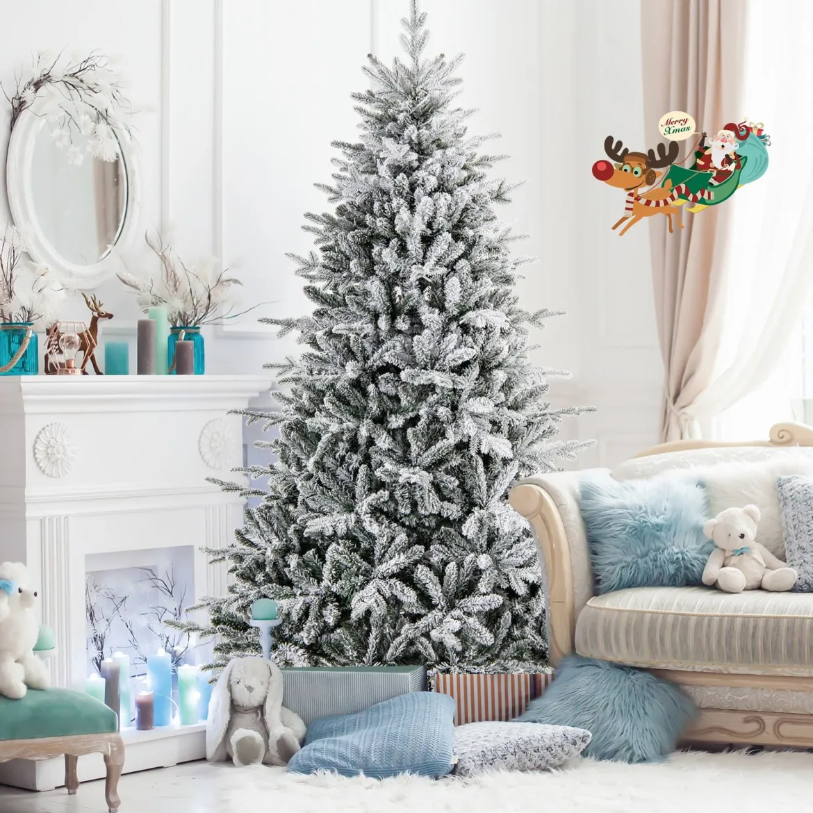 218 cm großer beflockter Weihnachtsbaum künstlicher Christbaum mit 8 Lichtmodi 350 mehrfarbigen LED-Lichtern