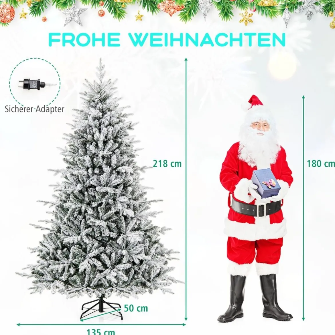 218 cm großer beflockter Weihnachtsbaum künstlicher Christbaum mit 8 Lichtmodi 350 mehrfarbigen LED-Lichtern