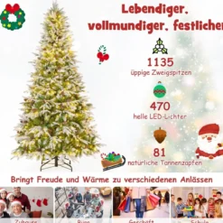 225 cm großer beleuchteter Weihnachtsbaum, schneebedeckter Festtagsbaum mit Scharnierstruktur