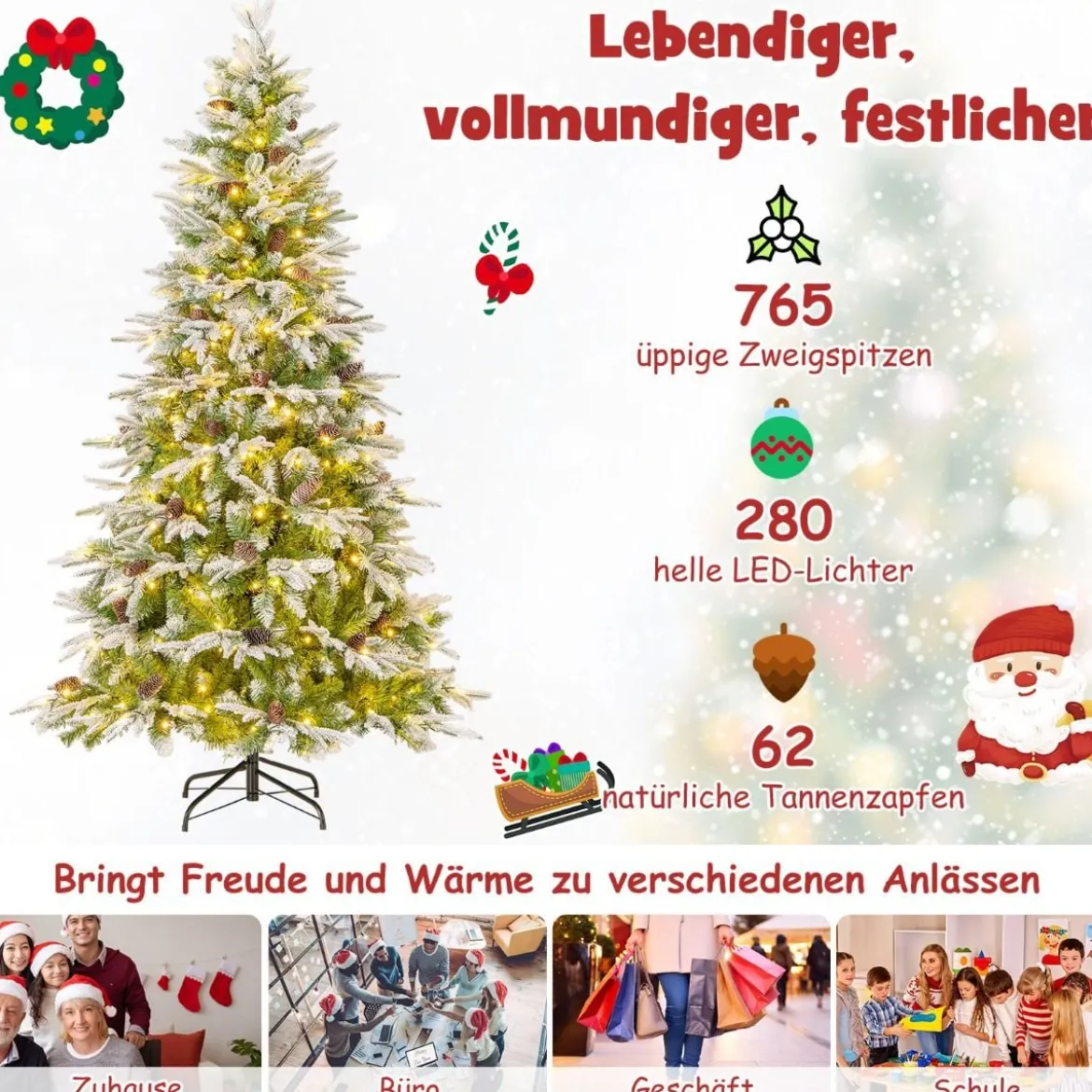 190 cm großer beleuchteter Weihnachtsbaum schneebedeckter Festtagsbaum mit Scharnierstruktur