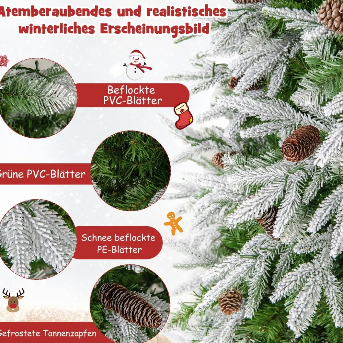 190 cm großer beleuchteter Weihnachtsbaum schneebedeckter Festtagsbaum mit Scharnierstruktur