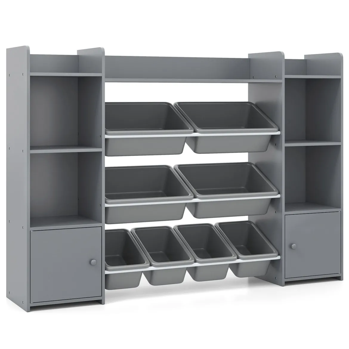 142 cm großer Spielzeugschrank 4-stufiges Kinderregal mit 8 herausnehmbaren Behältern & Bücherregal Grau