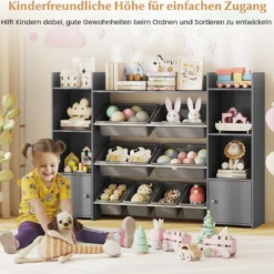 142 cm großer Spielzeugschrank 4-stufiges Kinderregal mit 8 herausnehmbaren Behältern & Bücherregal Grau