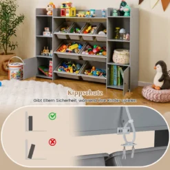 142 cm großer Spielzeugschrank 4-stufiges Kinderregal mit 8 herausnehmbaren Behältern & Bücherregal Grau