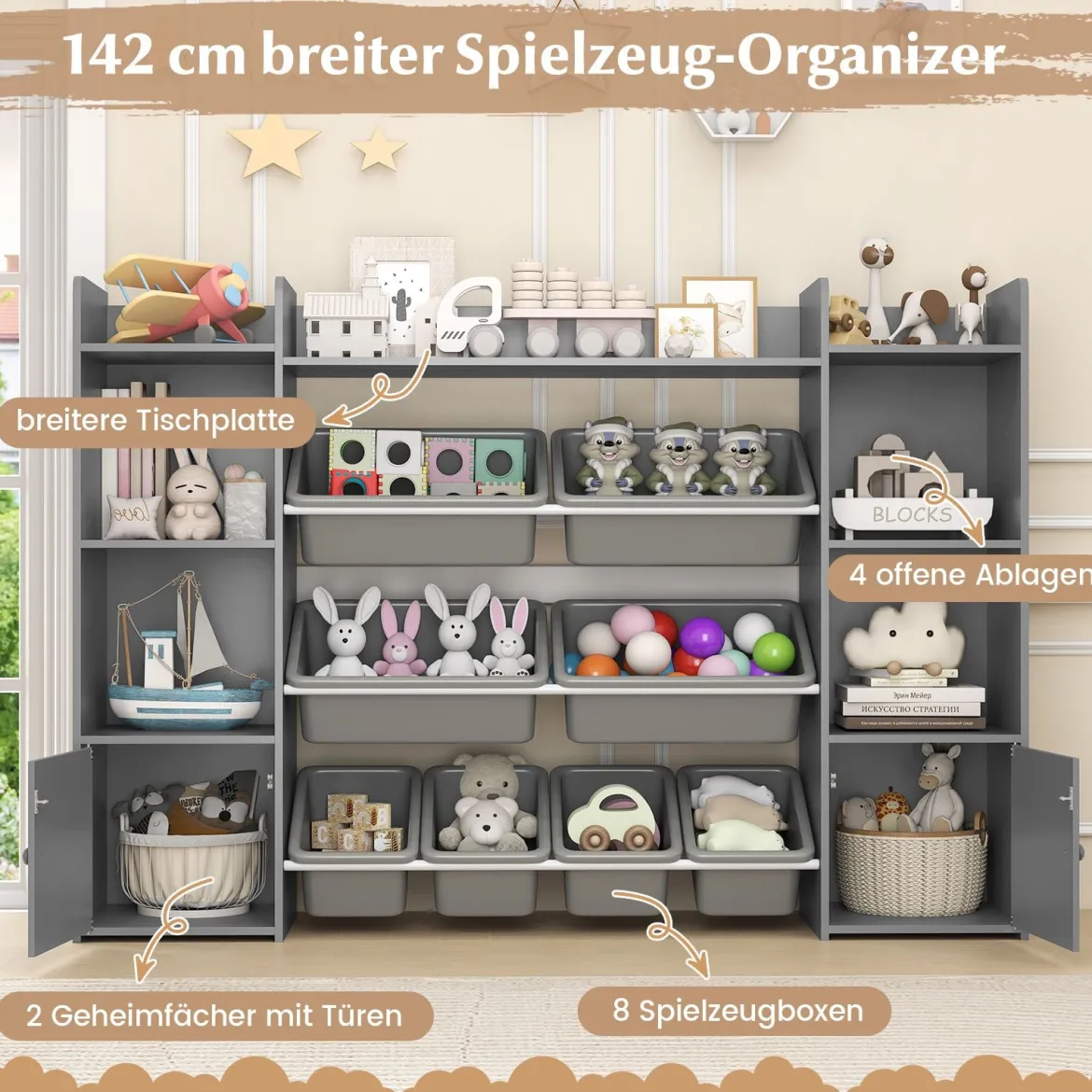 142 cm großer Spielzeugschrank 4-stufiges Kinderregal mit 8 herausnehmbaren Behältern & Bücherregal Grau