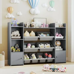142 cm großer Spielzeugschrank 4-stufiges Kinderregal mit 8 herausnehmbaren Behältern & Bücherregal Grau