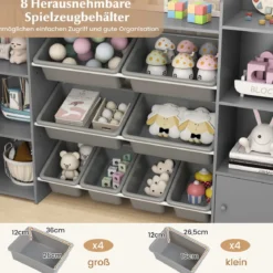 142 cm großer Spielzeugschrank 4-stufiges Kinderregal mit 8 herausnehmbaren Behältern & Bücherregal Grau