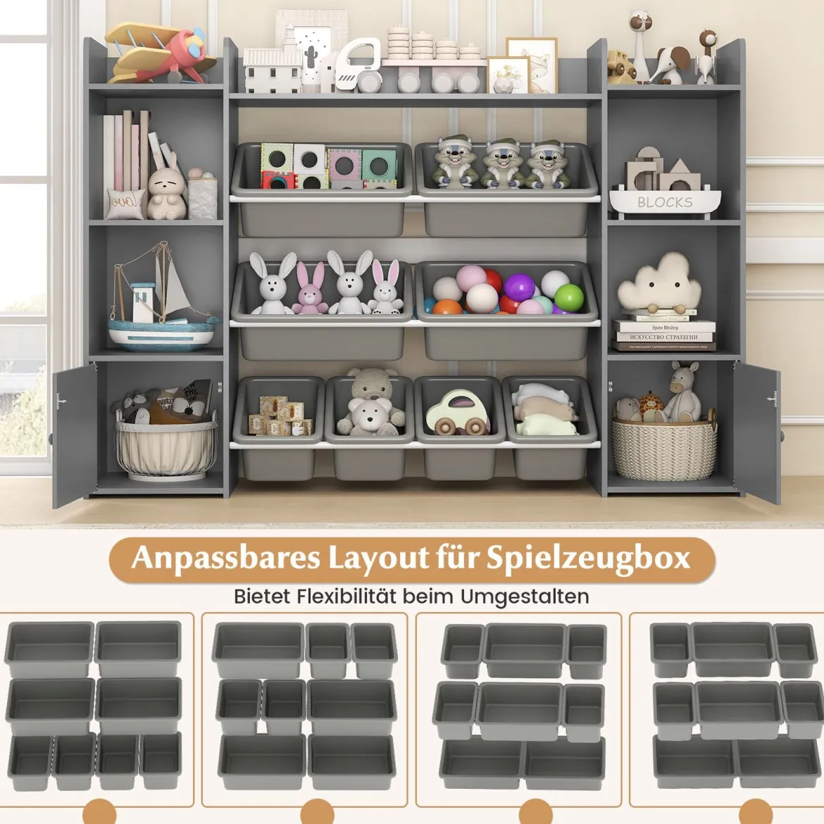142 cm großer Spielzeugschrank 4-stufiges Kinderregal mit 8 herausnehmbaren Behältern & Bücherregal Grau