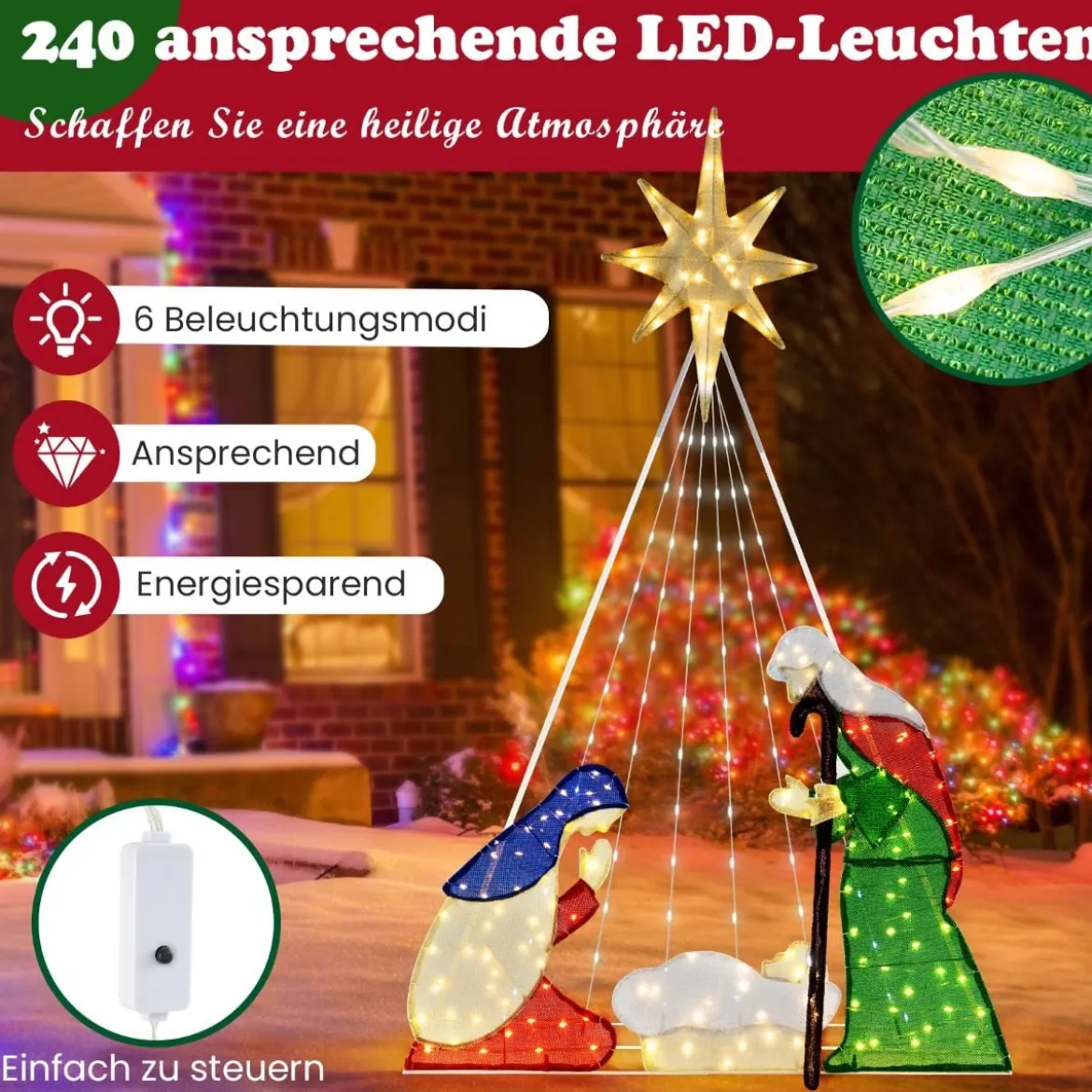180 cm Große Weihnachtskrippe mit 240 WarmweißenLED-Lichtern Weihnachten Krippe