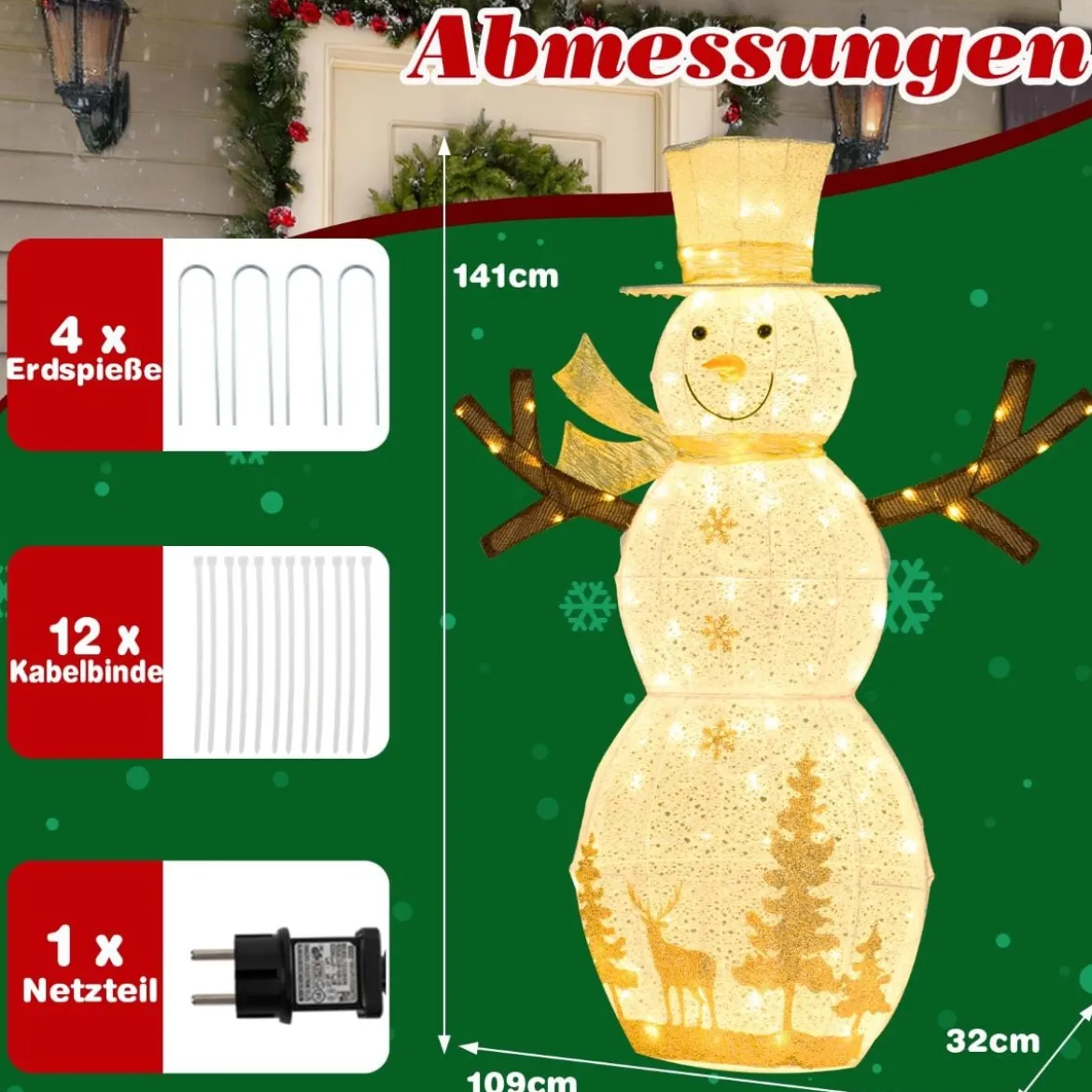 141 cm groß LED Schneemann Weihnachtsdeko mit 100 Warmweißen LED-Lichtern & Hut & Schal