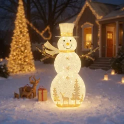 141 cm groß LED Schneemann Weihnachtsdeko mit 100 Warmweißen LED-Lichtern & Hut & Schal