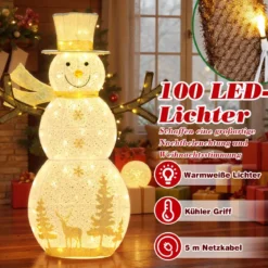 141 cm groß LED Schneemann Weihnachtsdeko mit 100 Warmweißen LED-Lichtern & Hut & Schal