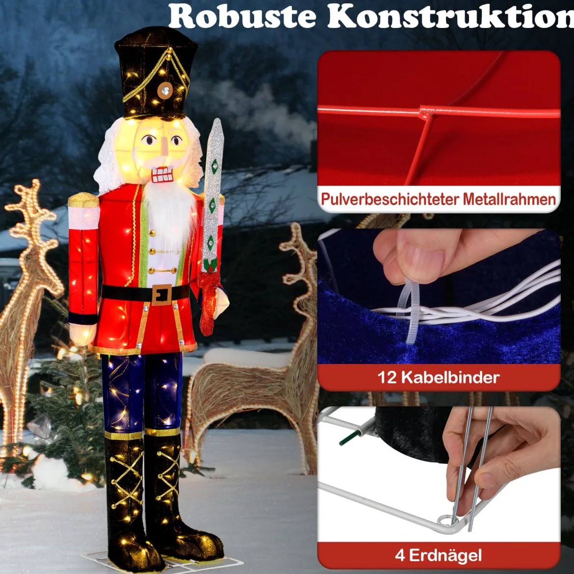 157 cm groß Weihnachten Nussknacker Figur mit 100 LED-Lichtern Beleuchtete Weihnachtsdeko XXL