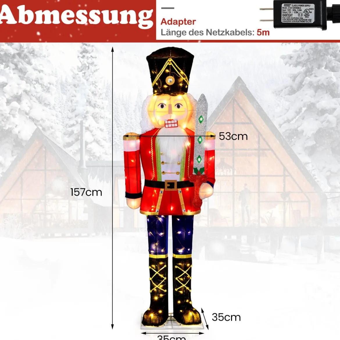 157 cm groß Weihnachten Nussknacker Figur mit 100 LED-Lichtern Beleuchtete Weihnachtsdeko XXL