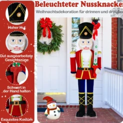 157 cm groß Weihnachten Nussknacker Figur mit 100 LED-Lichtern Beleuchtete Weihnachtsdeko XXL