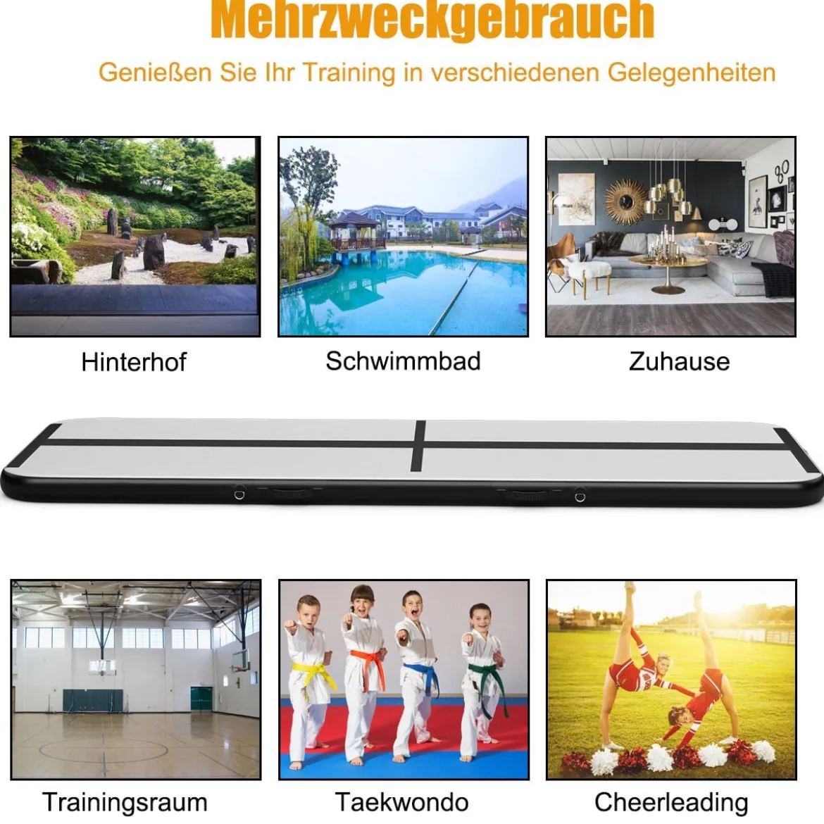 300 cm Gymnastikmatte Elektropumpe Turnmatte aufblasbar Tumbling Matte Schwarz