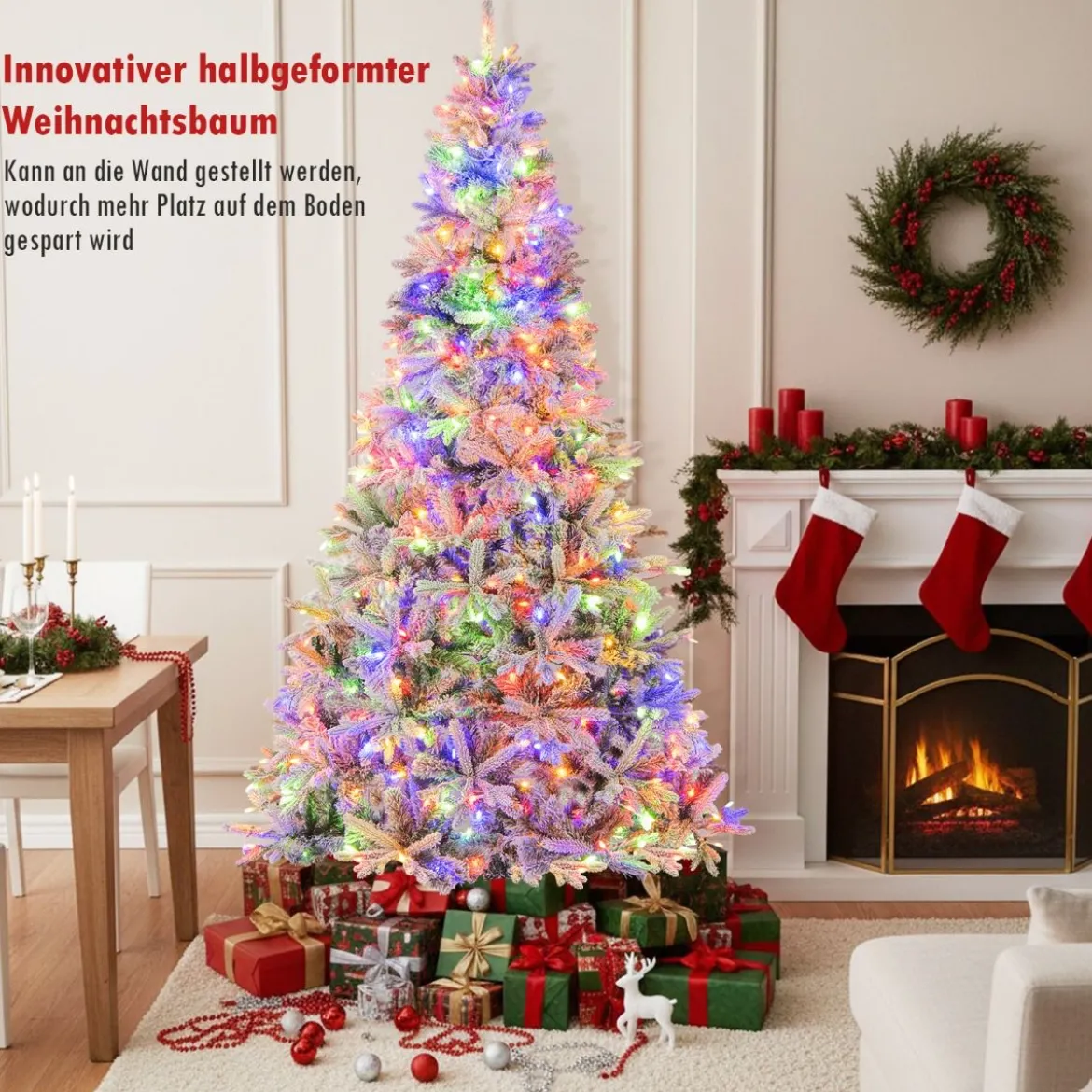 210 cm Halbkünstlicher Weihnachtsbaum Vorgeleuchtet Schnee-beflockter Weihnachtsbaum mit 852 Zweigspitzen