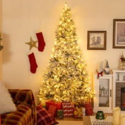210 cm Halbkünstlicher Weihnachtsbaum Vorgeleuchtet Schnee-beflockter Weihnachtsbaum mit 852 Zweigspitzen