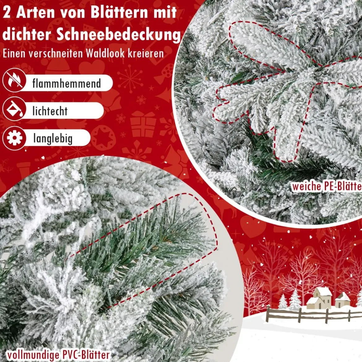 210 cm Halbkünstlicher Weihnachtsbaum Vorgeleuchtet Schnee-beflockter Weihnachtsbaum mit 852 Zweigspitzen