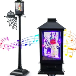 155 cm Halloween Deko Straßenlampe mit 6-farbigen LED-Leuchten & Musik & Schwarzem Schneeeffekt