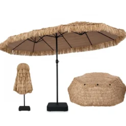 450 cm Hawaii Sonnenschirm mit Schirmständer Strohschirm mit Kurbel & 12 Metallstreben
